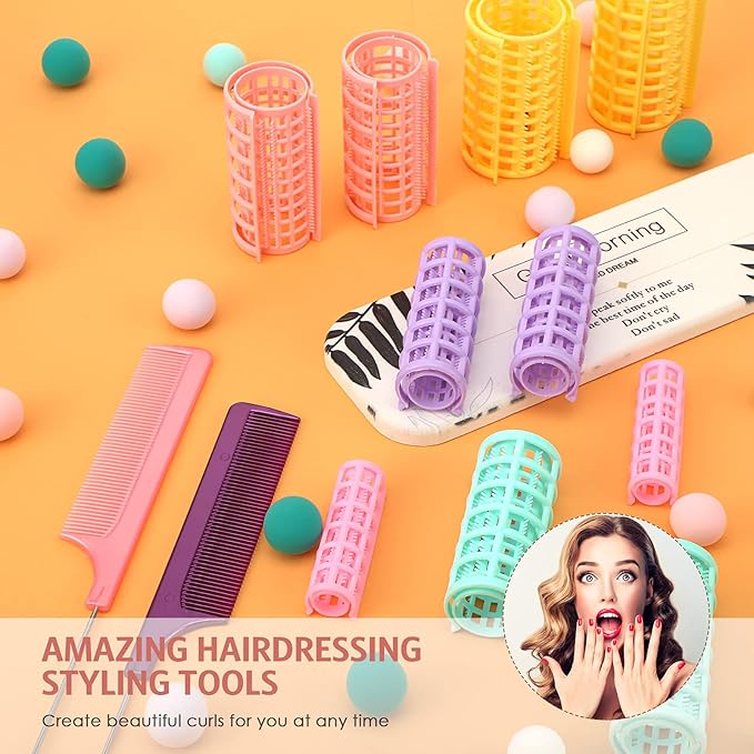 WILLBOND 36 Pieces Plastic Hair Roller 5 Sizes Curlers Self Grip No Heat Rollers with 2 Pieces Steel Pintail Combs for Short Long Hair Salon Barber Hairdressing Styling Tools(Bright Colors)