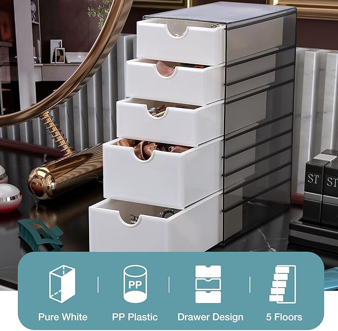 Hair Accessories Organizer with Removable Drawer, Large Capacity Desk Organizer Box with Stackable Cases, Hair Styling Storage Box for Hair Ties, Clips&Pins, 5-Tier Plastic Containers, Clear Black