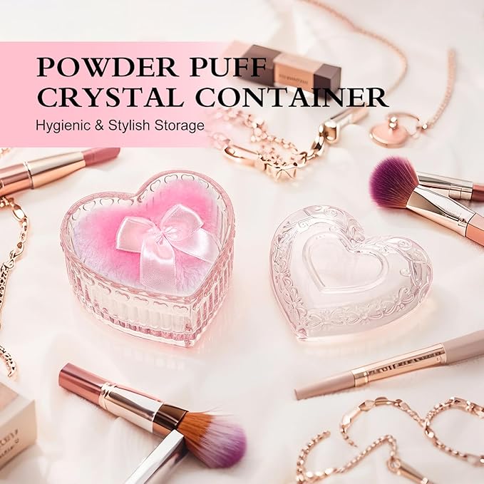 2 Pieces Large Body Powder Puff and Container, Dusting Powder Container with Puff,Powder Puff Crystal Case, Body Powder for Women Soft Washable Reusable Velour Face Body Glitter Wet Dry Makeup(Love)