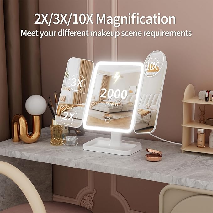 Makeup Mirror with Lights, Rechargeable Lighted Vanity Mirror with 70 Led Lights and 2X 3X 10X Magnification, 3 Color& Adjustable Brightness, Portable Mirror for Travel Desk, Gifts for Women Girls