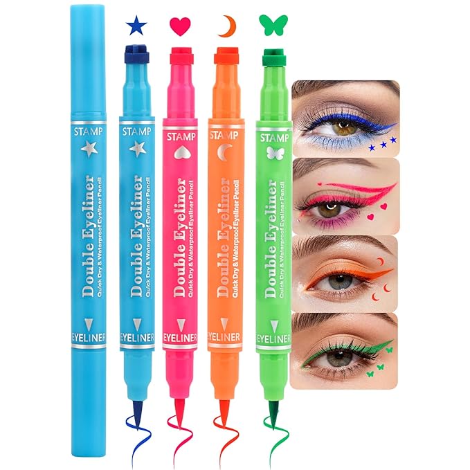 Erinde 4PCS Liquid Eyeliner Stamp Set, Double-Ended Colored Winged Eyeliner Pens with Face Stamps, Blue Star, Pink Heart, Orange Moon, Green Butterfly Waterproof Winged Eye Liner, Cosplay Eye Makeup