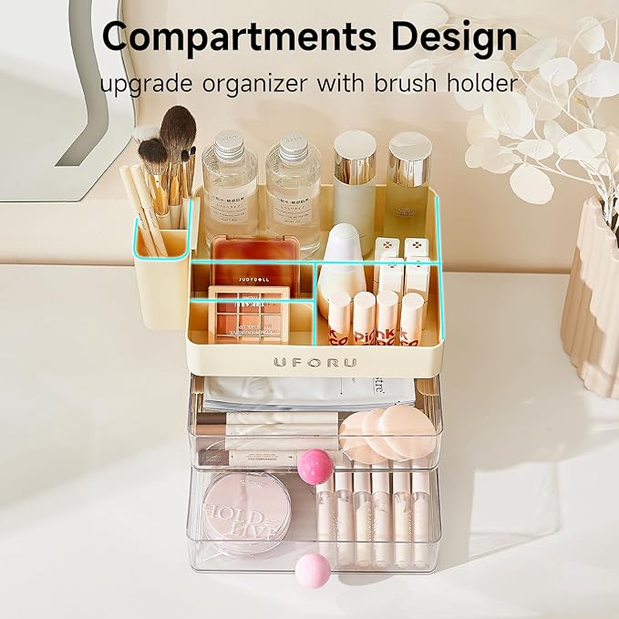 Makeup Organizer for Vanity with Brush Holder, Countertop Skincare Organizer with 2 Drawers, Spacious Cosmetic Display Case for Perfumes, Eyeshadow Palettes, Nail Polishes