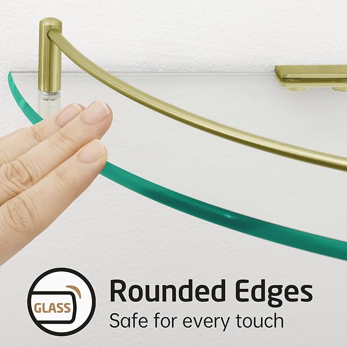KES Glass Corner Shelf with Hooks 18/8 Stainless Steel, Tempered Glass Bathroom Corner Shelf with Rail, Shower Glass Shelf 2 Pack Wall Mounted, Brushed Gold, BGS2101A-BZ-P2