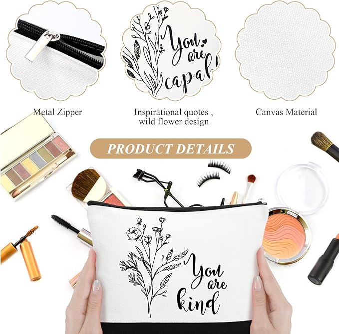 Coume 10 Pcs Valentines Canvas Makeup Bags Bulk, Inspirational Quotes Cosmetic Zipper Encouragement Travel Pouch Toiletry Bag Women Teacher Friend Birthday Gift(Black White,Aesthetic)