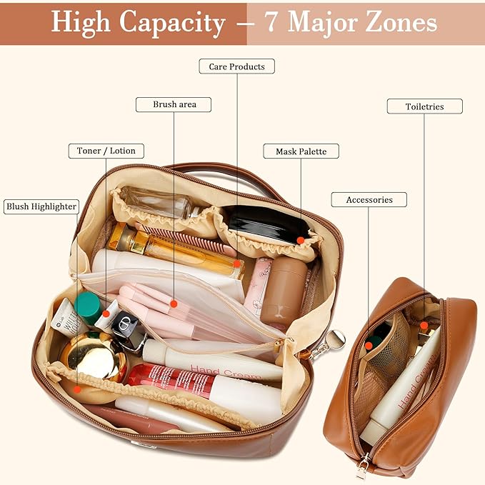 Birthday Gifts for Women Teen Girl, Personalized Initial Makeup Organizer Bag Set, Open Flat Travel Cosmetic Bag With Clear Divider and Handle(Brown,M)