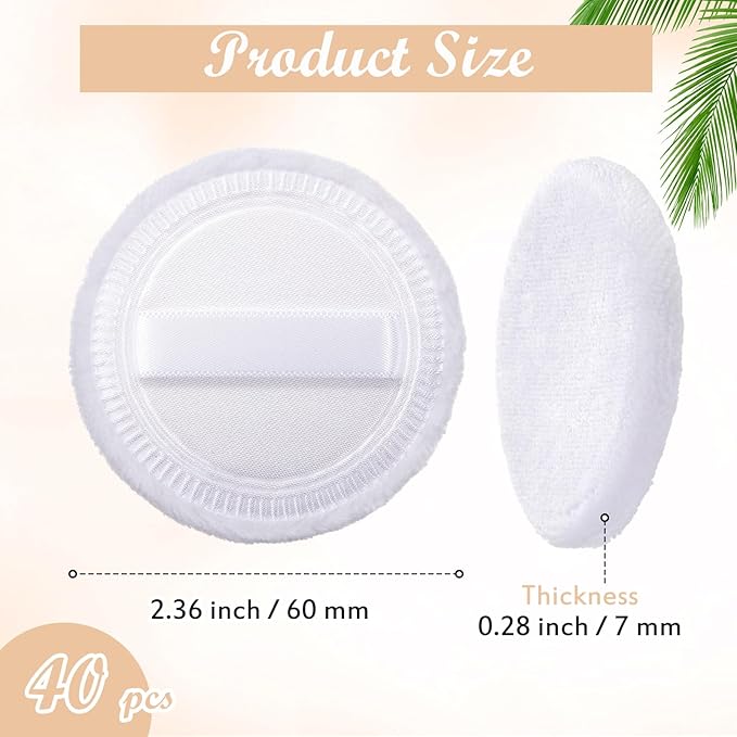 40 Pcs Cotton Powder Puffs Bulk Washable, 2.36 Inch Round Makeup Dusting Powder Puff with Ribbon for Loose and Pressed Powderface Body Cosmetic, White