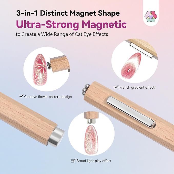 SAVILAND Cat Eye Magnetic for Nail: 3-in-1 Cat Eye Gel Nail Polish N35 Neodymium Strong Suction Magnet Wand Stick Diverse Effect Double Ended Manicure Salon Design Art Tools Set Accessories