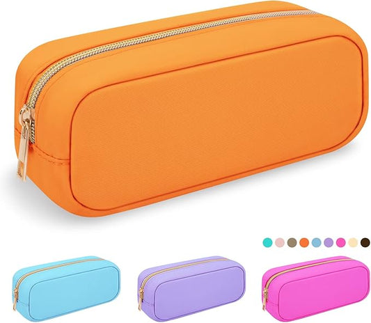 Nylon Slim Cosmetic Zipper Pouch, Preppy Makeup Brush Bag Compact Makeup Pouch, Waterproof Zipper Purse Travel Coin Storage Bag for Women Girls Teens (Orange)