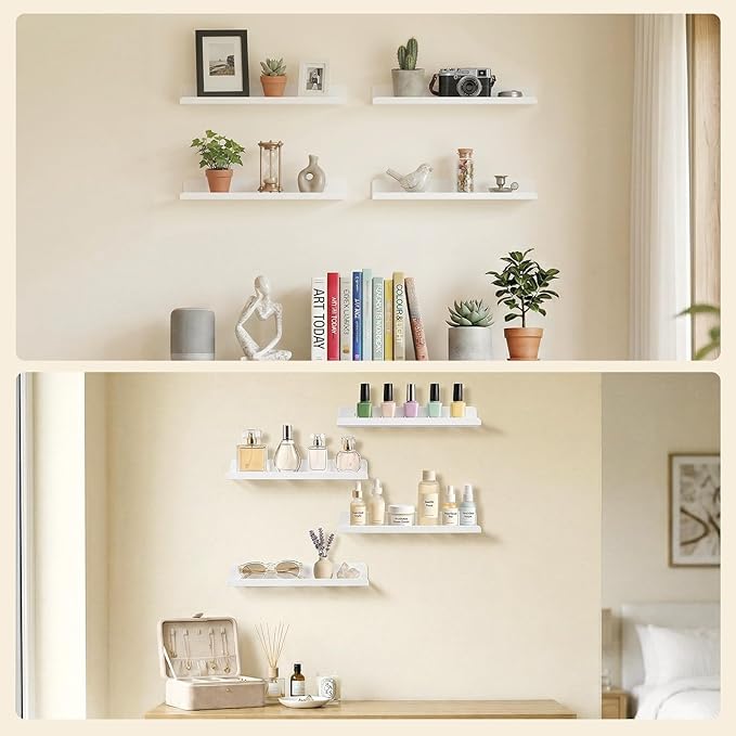 Lifewit Floating Shelves for Wall, Acrylic Display Shelf Wall Mounted for Figure, Car, Art, Book, 14" Perfume Organizer for Bathroom, Bedroom, Living Room, Nursery, Home Decor, White, 6 Pack
