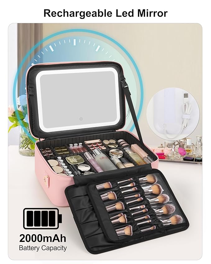 Relavel Large Makeup Case with LED Mirror, Train Cosmetic Case with Separate Brush Board, Professional Makeup Organizer Storage with Detachable Dividers for Makeup Artists, Hairstylist - Pink