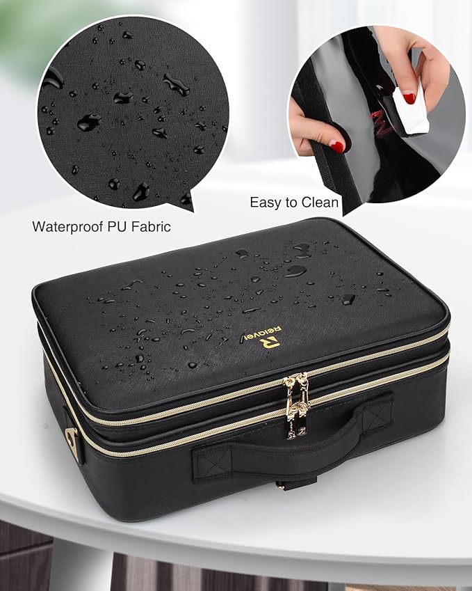 MONSTINA Large Makeup Travel Case Bag,Professional Makeup Artist Train Case with Brush organizer,Large Capacity Cosmetic Bag with Zipper Pocket and Adjustable Compartment（PU Leather Black）