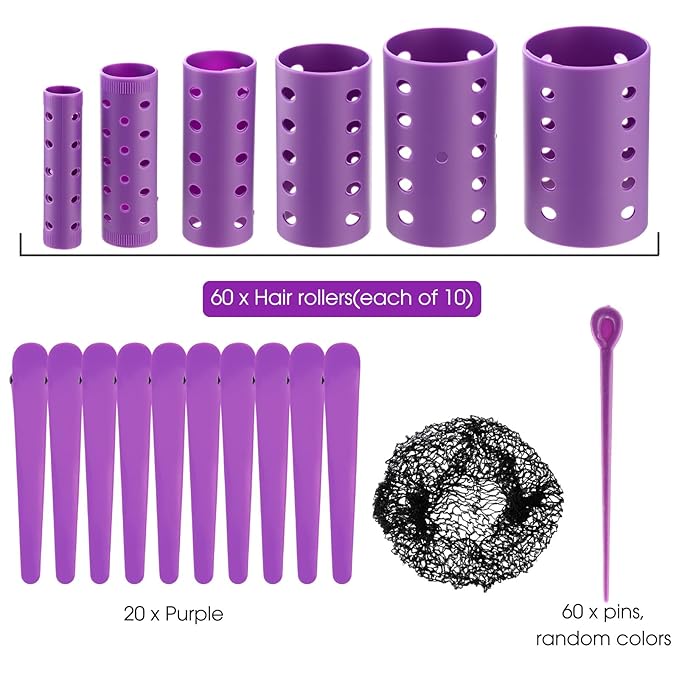 WILLBOND 141 Pcs Hair Rollers Set Include Plastic Hair Rollers with Pins and Clips(Purple)