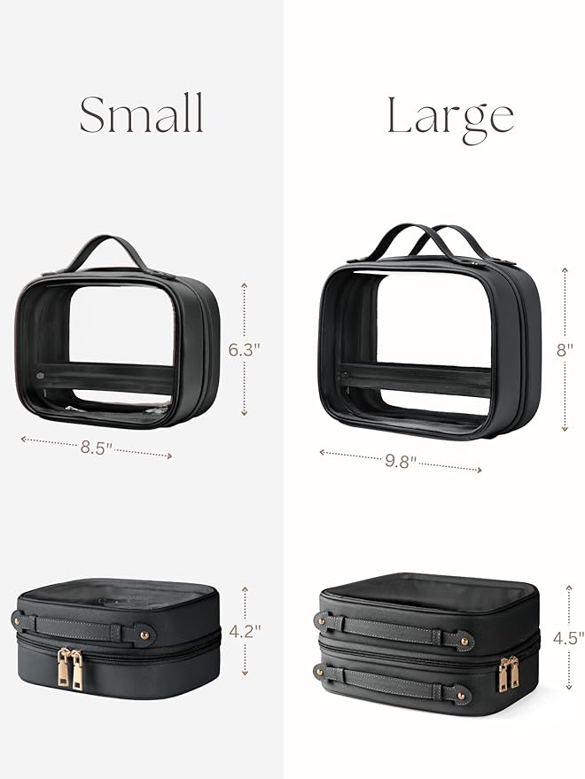 Clear Cosmetic Bag Double Layer Travel Toiletry Bag Clear Makeup Bag Case with 4 Compartments, Transparent Travel Bag for Toiletries, Large Toiletry Bag for Women Cosmetic Case (Black, Large)