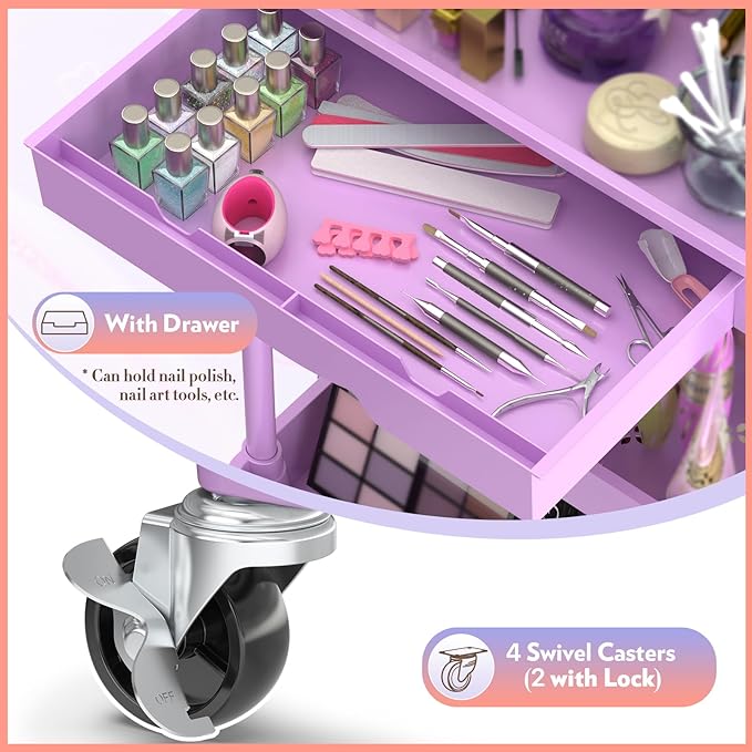 Makeup Cart Organizer with Drawers, Floor Skincare Organizers Vanity Storage Organizer, Rolling Makeup Bathroom Storage Cart Cosmetics Display Cases for Skin Care Perfume Nail Polish, Purple