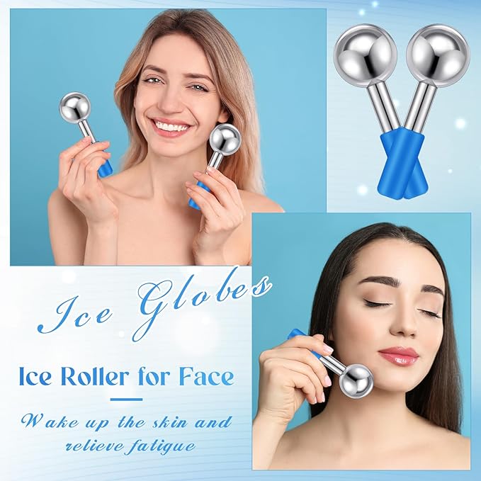 Baderke 2 Pcs Ice Globes for Face Stainless Steel Cooling Globes Unbreakable Cooling Roller Women Ice Balls Cryo Sticks Facials Skin Care for Dark Circles, Puffiness(Silver (Blue Handle))