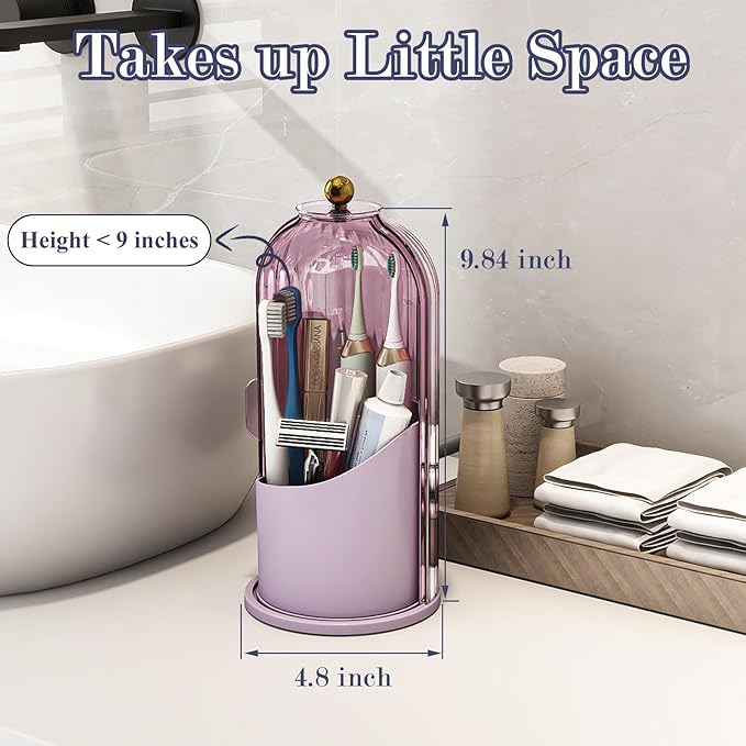 Dustproof Toothbrush Holders with Cover, Rotating Electric Toothbrush and Toothpaste Holder for Bathroom Countertop, 3 Slots Makeup Brushes Organizer, All Pink