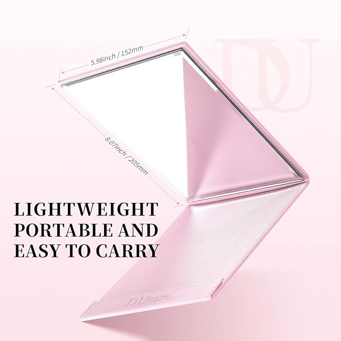 DUcare Folding Mirror Portable Travel PU Portable Adjustable Rectangular Ultrathin Vanity Mirror with Stand Pink