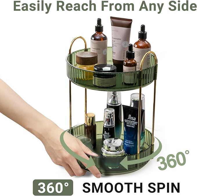 360 Rotating Makeup Organizer for Vanity,2 Tier Large Capacity Skincare Organizers,Bathroom Counter Organizer, Spinning Perfume Organizer & Vanity Organizer (Green-2 Tier)