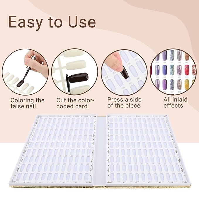 Segbeauty 216 Colors Nail Display Chart, Nail Gel Polish Organizer Color Card with 240 False Tips, Salon Fingernail Beauty Sample Supplies Tool Set Stick Cardboard Finger Painting Practice Book Golden