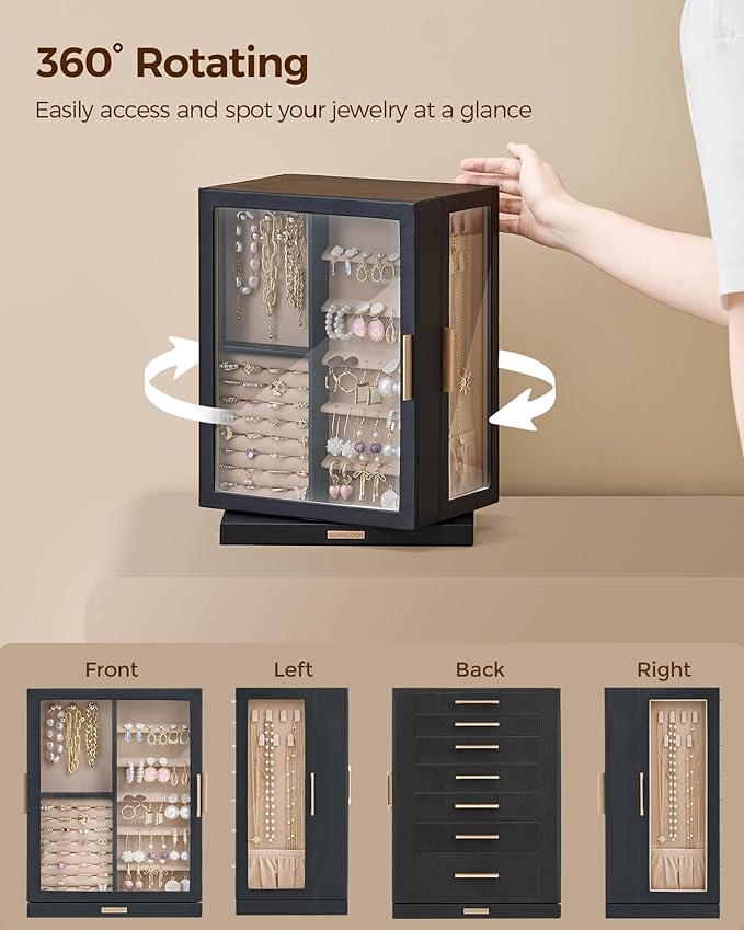 Glimmloop 360° Rotating Jewelry Box with 7 Drawers, Spacious Vertical Jewelry Organizer with Glass Window, Jewelry Storage Case, Dustproof & Moisture-resistant Design, Black