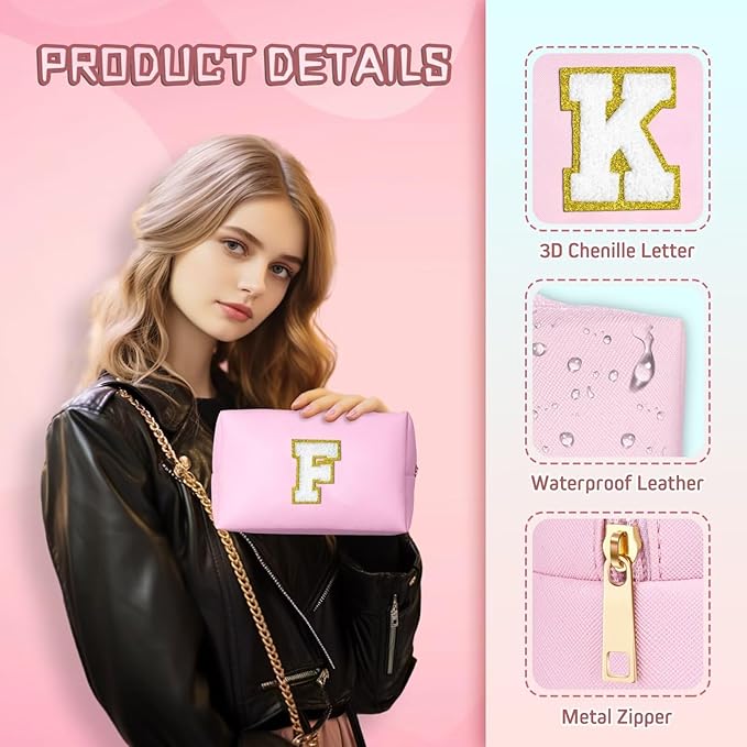 TOPEAST Birthday Gifts for Tween Girls Kids, Initial Makeup Bag Skincare Bag Toiletry Pouch (Pink B)