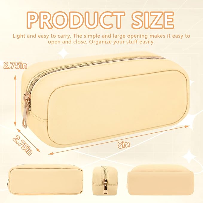 Nylon Small Makeup Bag Slim Cosmetic Zipper Pouch, Preppy Makeup Brush Bag Compact Make up Pouch Toiletry Bag, Waterproof Zipper Purse Travel Coin Pouch Storage Bag for Women Girls Teens(Beige)