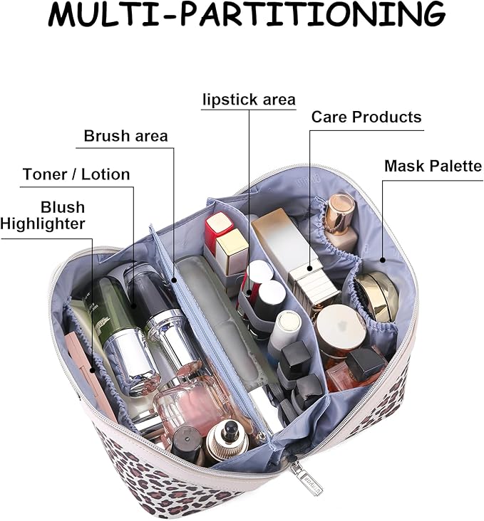 BOYATU Travel Makeup Bag for Women: 3 Pcs Set Portable Make up Bags with Handle - Leopard Print Cosmetic Bags with Comparments - Waterproof Vegan Leather Toiletry Bag (12-White)
