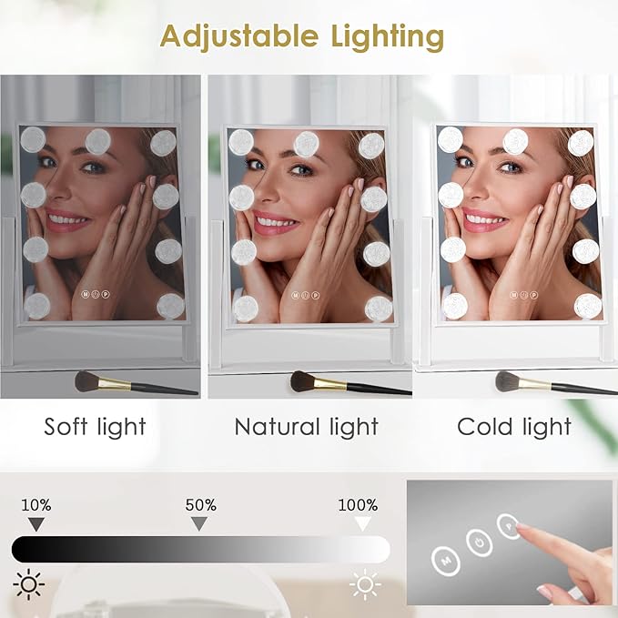 Vanity Mirror with Lights, Hollywood Lighted Makeup Mirror with 3 Color Modes and 9 Dimmable Diamond LED Light Bulbs, Detachable 10X Magnification, 360° Rotation, Touch Control, White