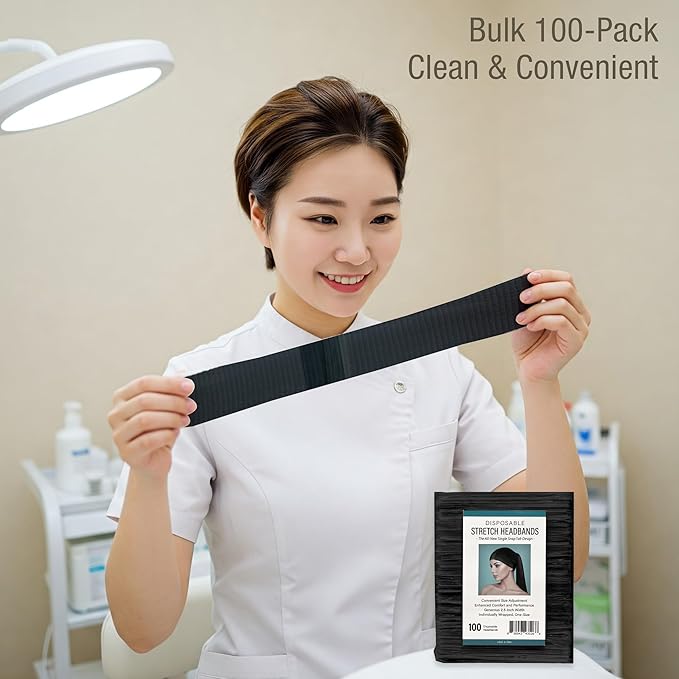 APPEARUS Disposable Spa Facial Headbands (100 Pack) – Individually Wrapped, Stretchable Non-Woven Hair Wraps with Single Snap Tab for Estheticians, Makeup, and Skincare