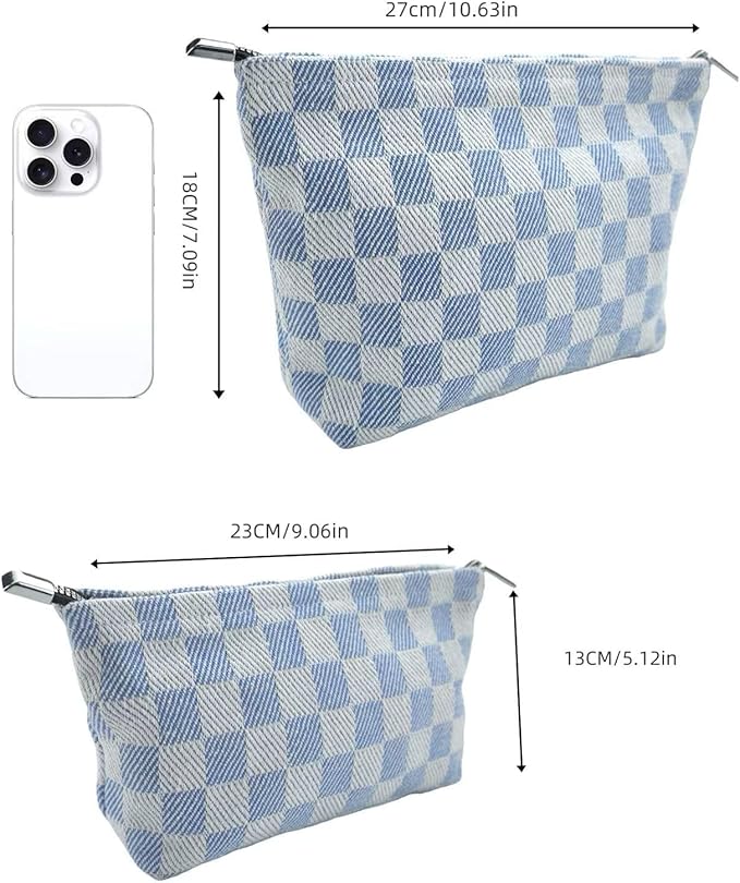 2-Pack Blue & White Checkered Makeup Bag Set - Large Capacity Cosmetic Organizer Pouch | Travel Toiletry Bag & Purse Organizer for Women Girls