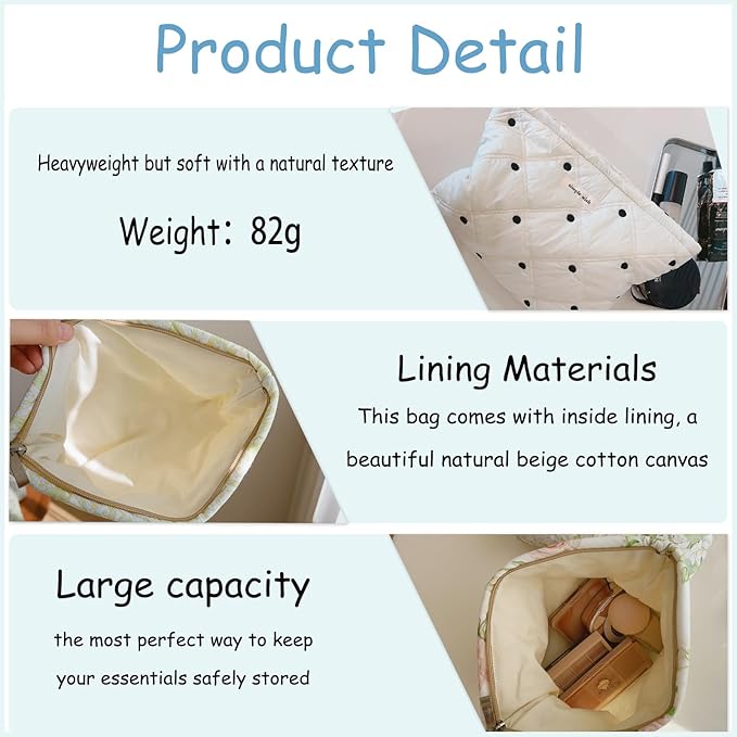 uekeboag White Quilted Cotton Makeup Pouch,Coquette Quilted Toiletry Bag for Women and Girls, Floral Coquette Organizer Bag, Aesthetic Travel Cosmetic Bags(01White Dots)