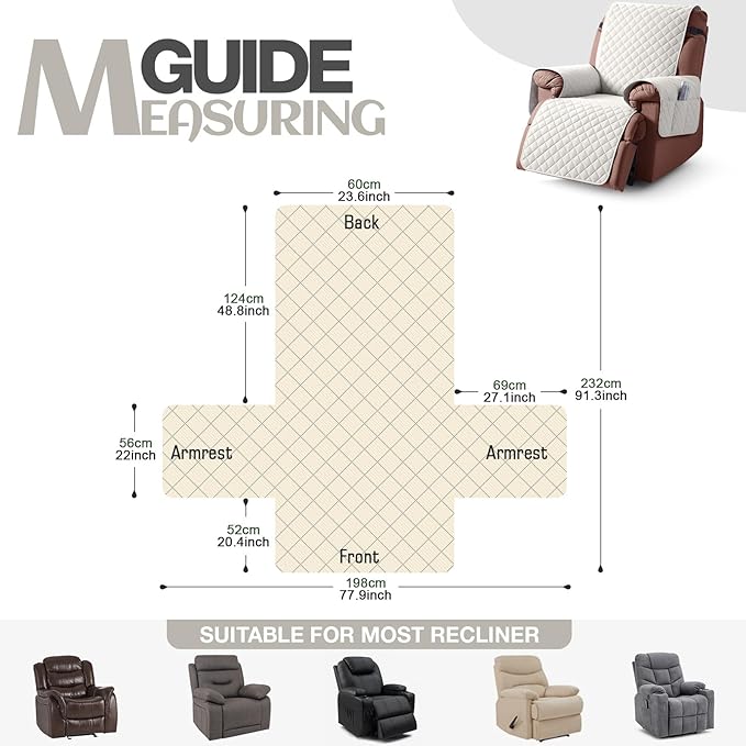 KinCam 100% Waterproof Recliner Chair Cover, Reclining Couch Covers for Pets, Dogs, Recliner Couch Slipcover Furniture Protector with Elastic Straps for Kids(23.6", Beige White)
