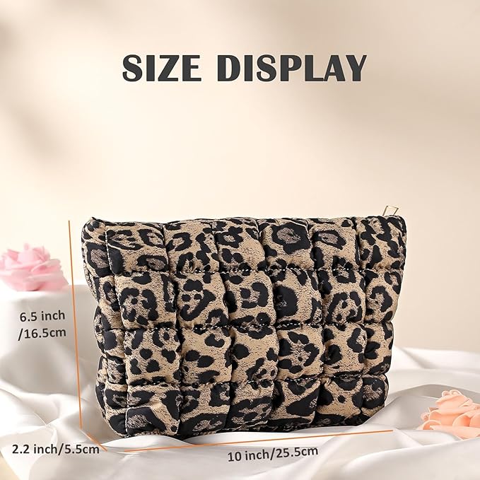 Puffy Quilted Makeup Bag for Women, Cosmetic Bag, Travel Toiletry Organizer Pouch Clutch (Brown Leopard)