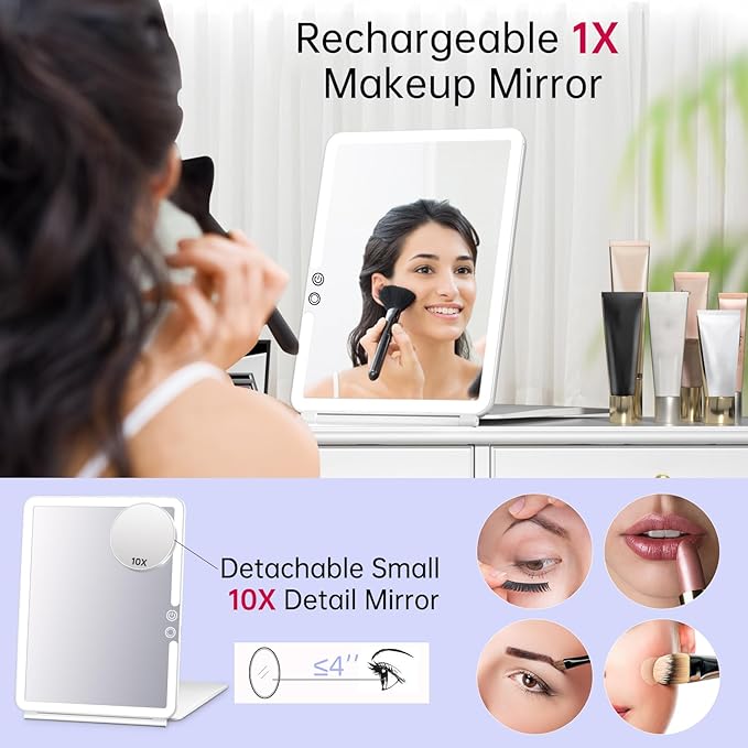 FUNTOUCH Rechargeable Large Travel Makeup Mirror with Lights, 1800mAh 10x7.5 Portable Lighted Makeup Mirror with 3 Color Lights, Dimming Folding Light Up Travel Mirrors with 10X Magnifying Mirror