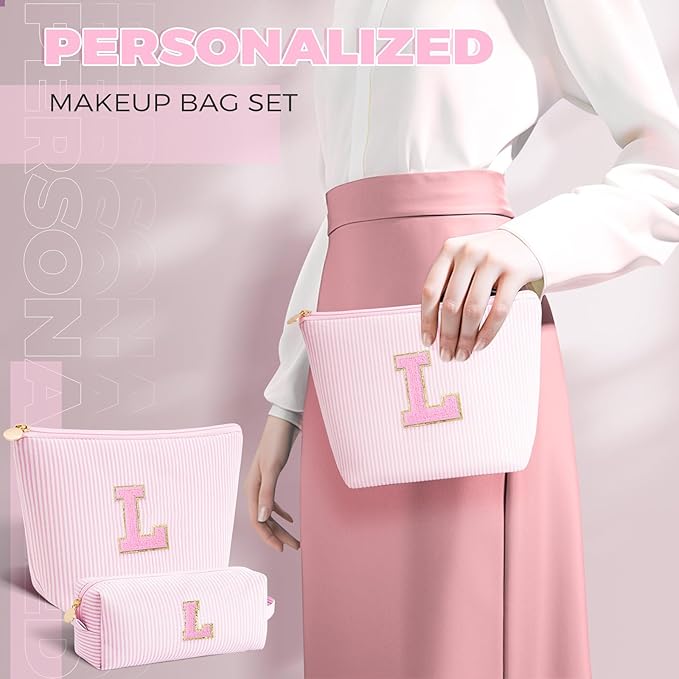 Btffitting Dance Recital Gifts for Girls - Cosmetic Bag for Teen,Initial Cute Makeup Bag Set for Women,Trendy Pouch for Niece Sister Friend Female Her,Birthday Gifts for Daughter - Pink,L