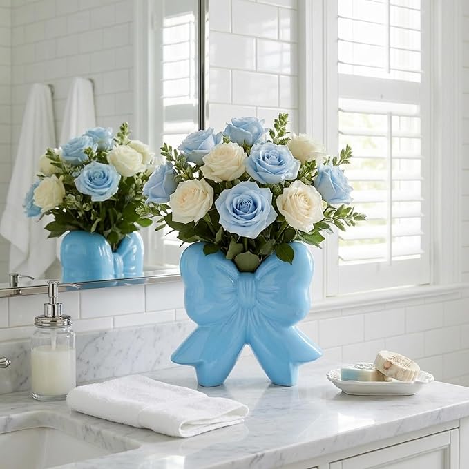 Bow Vase Coquette Ceramic Vase Pen Holder Makeup Brush Holder Contemporary Design Decorative Women Gift for Christmas Home Office Shelf Table Room(Blue,Small,Classic)