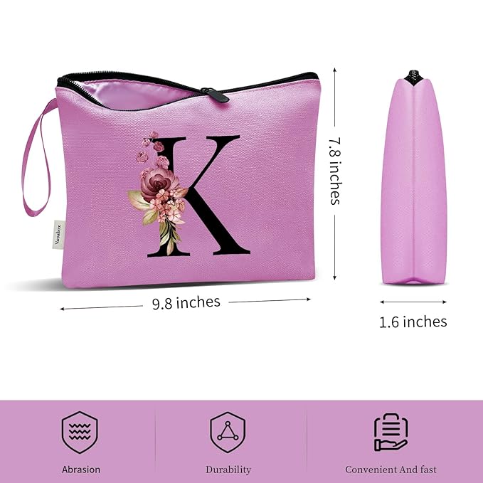 Vavabox A-Z Personalized Makeup Bag, Birthday Gifts for Women Mom, Gifts for Best Friend, Bride Bridesmaid Cosmetic bag (K, Purple)