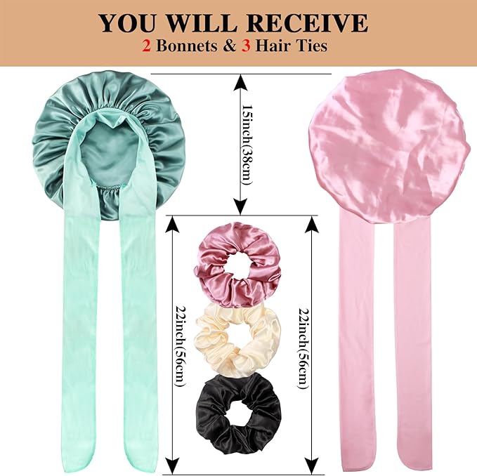 2+3 Large Satin Bonnets with Scrunchies for Women, Hair Bonnet Sleeping Tie Bonnet for Braids Curly Hair