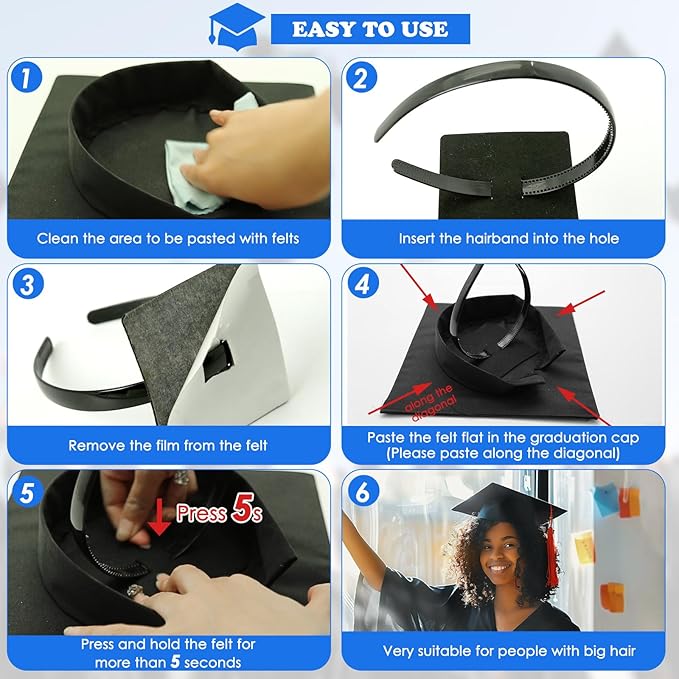 OCQOTAT 1 Pack Graduation Cap Headband,Black Anti-Fall Firm Hairband with Adhesive Insert,Secures Graduation Cap&Hairstyle, Essential Hat Accessories for Graduates,Students,Girls,Not including Caps