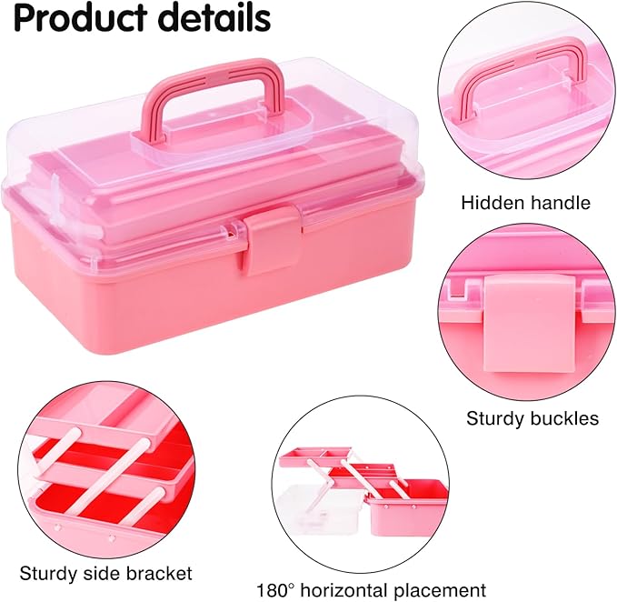 OUTUXED 12.5inch 3-Layer Multipurpose Craft Organizers, Portable Folding Toolbox, Plastic Tool Box with Handle for Sewing Supplies, Medicine, Art Supplies, Nails and Hair Accessories(Pink)