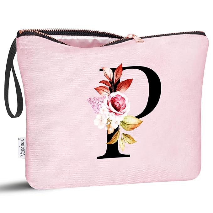 Vavabox A-Z Personalized Makeup Bag, Birthday Gifts for Women Mom, Gifts for Best Friend, Bride Bridesmaid Cosmetic bag (P, Pink)