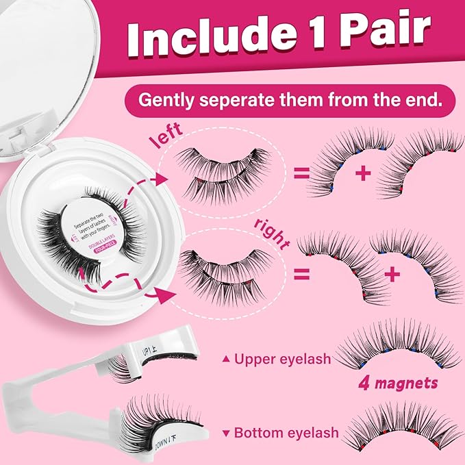 Reusable Magnetic Eyelashes with Applicator No Glue Needed Magnetic Lashes Kit 4Pcs Magnets Per Piece No Glue Needed False Eyelashes Waterproof,Cruelty Free,Easy To Wear (1pair, Fondness)