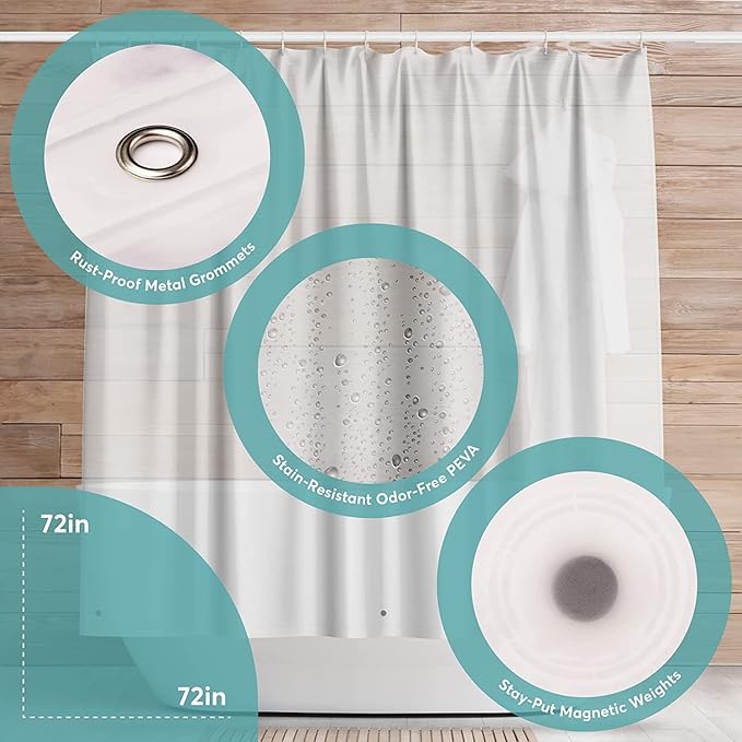 BigFoot Shower Curtain – 72 x 72 Fabric Premium Shower Curtain with Rustproof Metal Grommet and 3 Magnetic Weights – Odor Free and Compatible with Standard Showers, White