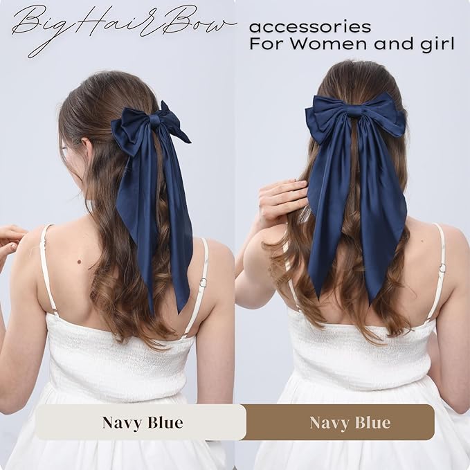 2PCS Big Hair Bow Clips for Women Girls – Navy Blue Satin Ribbon Bow Barrettes with Long Tails, Large Hair Accessories for Ponytail, Party, Wedding & Everyday Wear