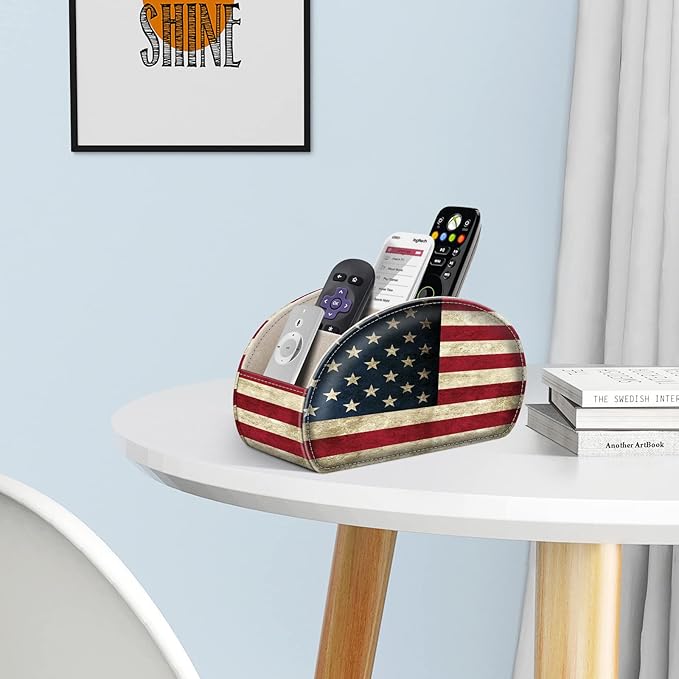 FINTIE Remote Control Holder, 5 Compartments Vegan Leather TV Remoter Caddy Desktop Organizer Makeup Brush Holder Storage Fits TV Remotes, Media Controllers, Office Supplies(US Flag)