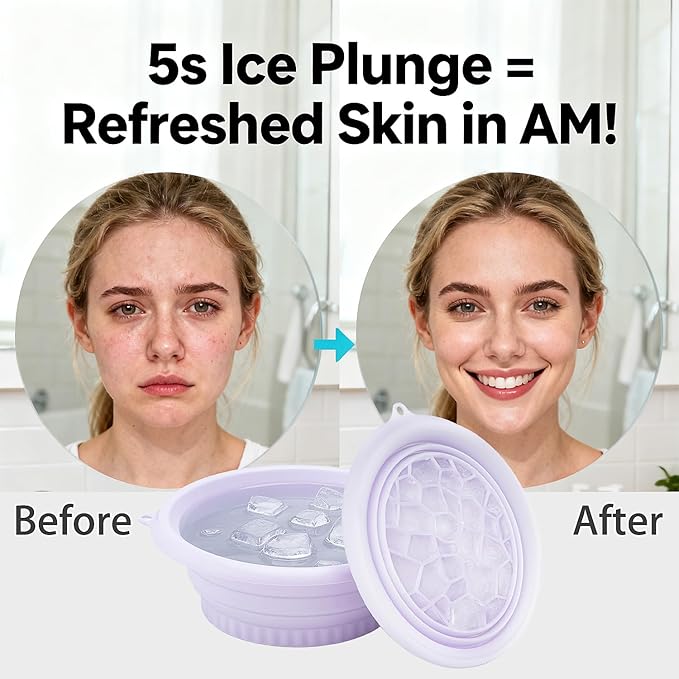 Foldable Face Bowl for Ice with Built-in Ice Tray & Hanging Hook - Collapsible Silicone Facial Bath Bowl for Cold Plunge Therapy, Skin Tightening, Acne Relief - Portable for Home, Travel, Gym(Purple)