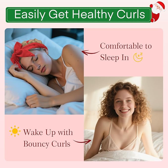 10 PCS Christmas Heatless Curls Overnight Hair Curler, 70" Overnight Curls Hair Curlers to Sleep In with Bonnet for Women Long Hair Volume, Heatless Curling DIY Set - Red