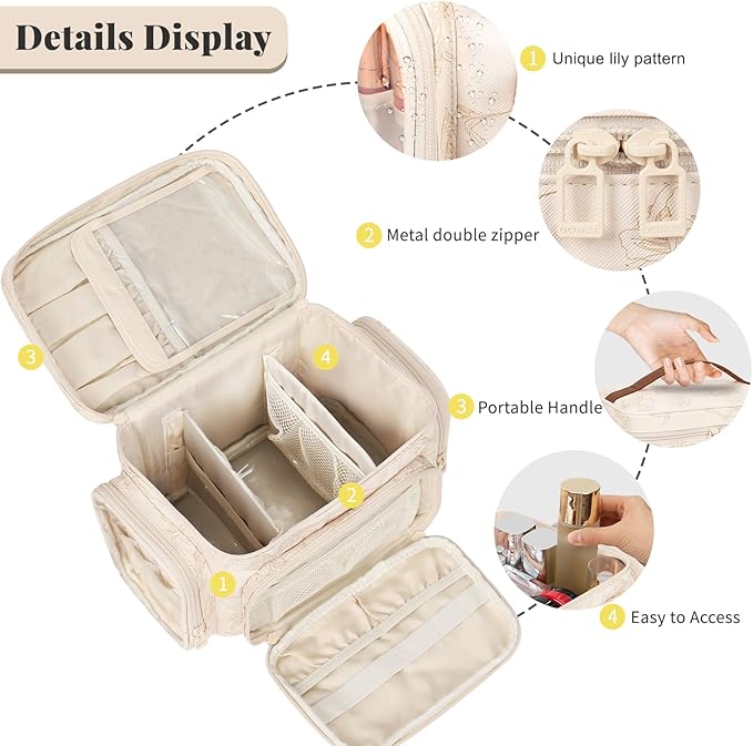 Large Makeup Bag, Portable Travel Makeup Bag Organizer for Women Girls with Makeup Brush Compartment & Two Side Pockets, Cosmetic Travel Bag Vertical Storage Toiletry - Beige