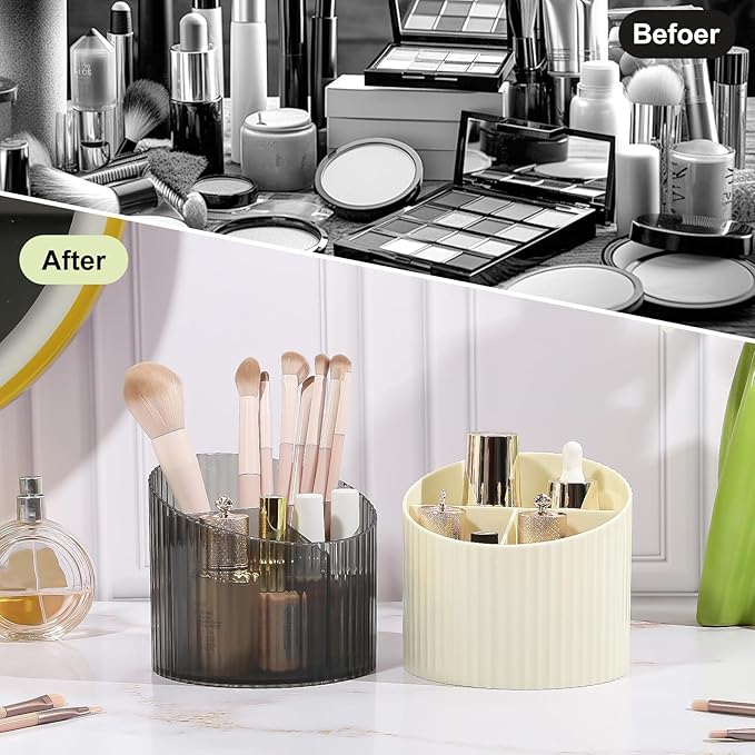 DASITON 3 Slots Makeup Brush Holder, Acrylic Makeup Brush Cup, Vintage Striped Make Up Brush Holder for Vanity Decor, Bathroom Countertops, Desk Storage Container, Cosmetic Display Cases (Black)