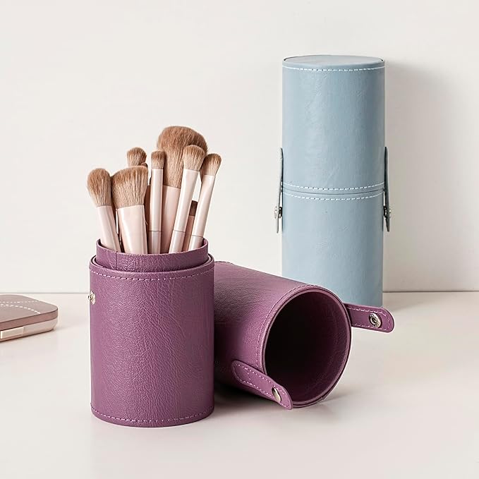 Portable Makeup Brush Holder, Waterproof PU Leather Travel Makeup Brush Case Bag Cup, Brush Storage Dustproof Bag (07Purple)